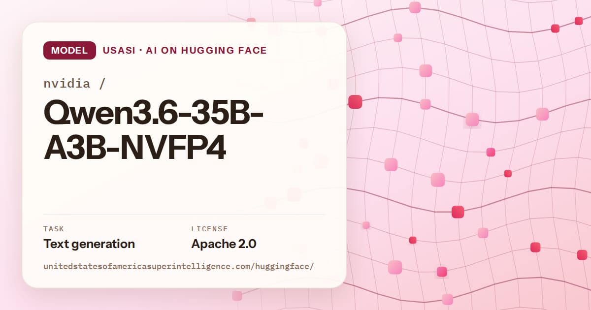 Generated rose wave-lattice artwork for the model nvidia/Qwen3.6-35B-A3B-NVFP4, labeled USASI · AI on Hugging Face, with Task: Text generation · License: Apache 2.0.