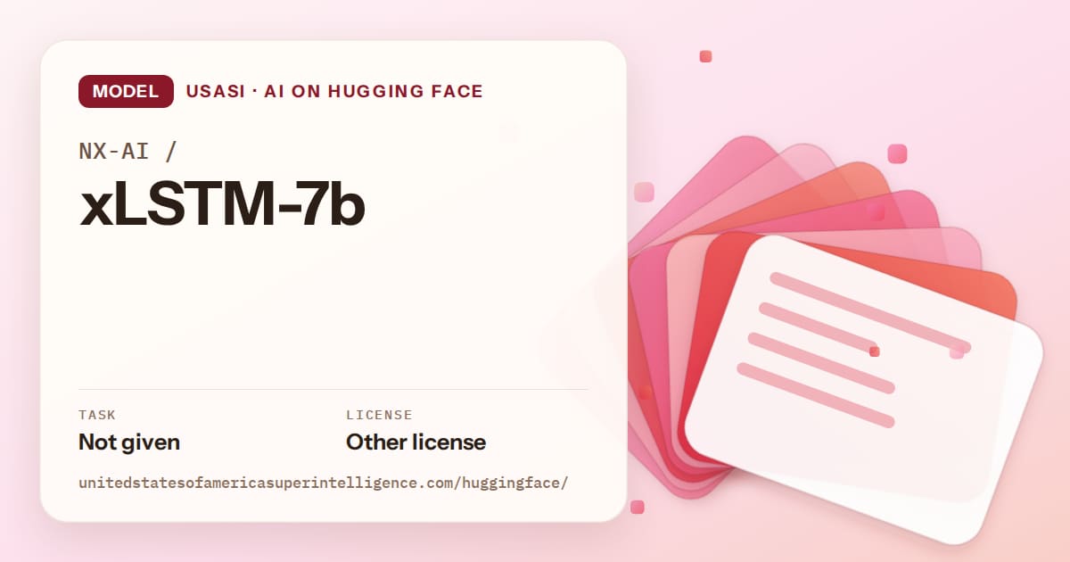 Generated coral layered-card artwork for the model NX-AI/xLSTM-7b, labeled USASI · AI on Hugging Face, with Task: Not given · License: Other license.