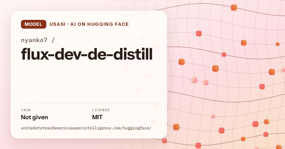 Generated tangerine wave-lattice artwork for the model nyanko7/flux-dev-de-distill, labeled USASI · AI on Hugging Face, with Task: Not given · License: MIT.