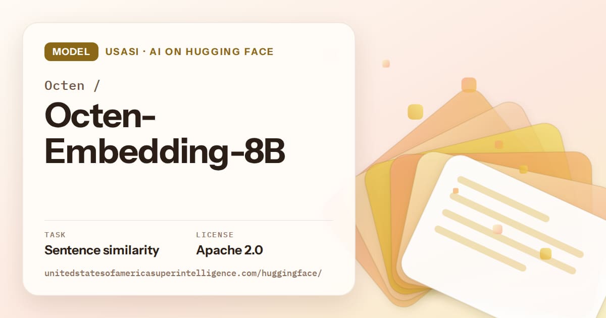Generated amber layered-card artwork for the model Octen/Octen-Embedding-8B, labeled USASI · AI on Hugging Face, with Task: Sentence similarity · License: Apache 2.0.