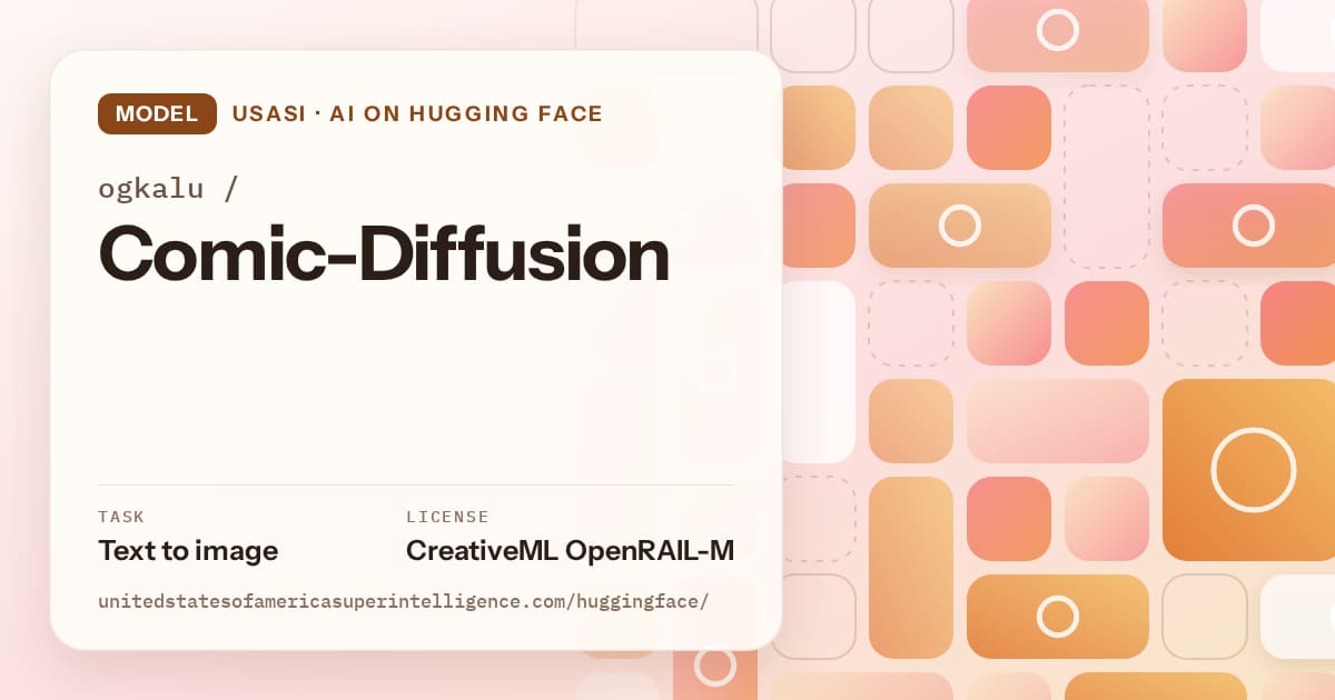 Generated orange tile-mosaic artwork for the model ogkalu/Comic-Diffusion, labeled USASI · AI on Hugging Face, with Task: Text to image · License: CreativeML OpenRAIL-M.