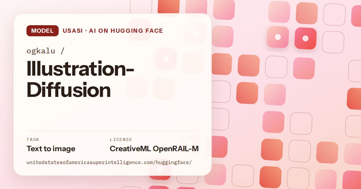 Generated coral rounded-tile grid artwork for the model ogkalu/Illustration-Diffusion, labeled USASI · AI on Hugging Face, with Task: Text to image · License: CreativeML OpenRAIL-M.