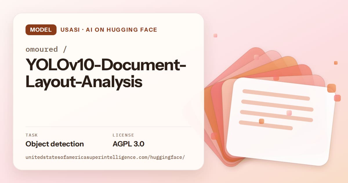 Generated tangerine layered-card artwork for the model omoured/YOLOv10-Document-Layout-Analysis, labeled USASI · AI on Hugging Face, with Task: Object detection · License: AGPL 3.0.