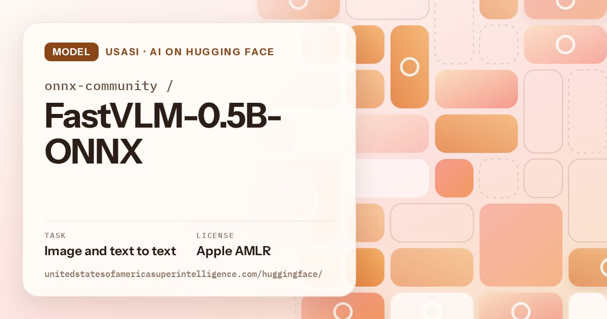Generated orange tile-mosaic artwork for the model onnx-community/FastVLM-0.5B-ONNX, labeled USASI · AI on Hugging Face, with Task: Image and text to text · License: Apple AMLR.
