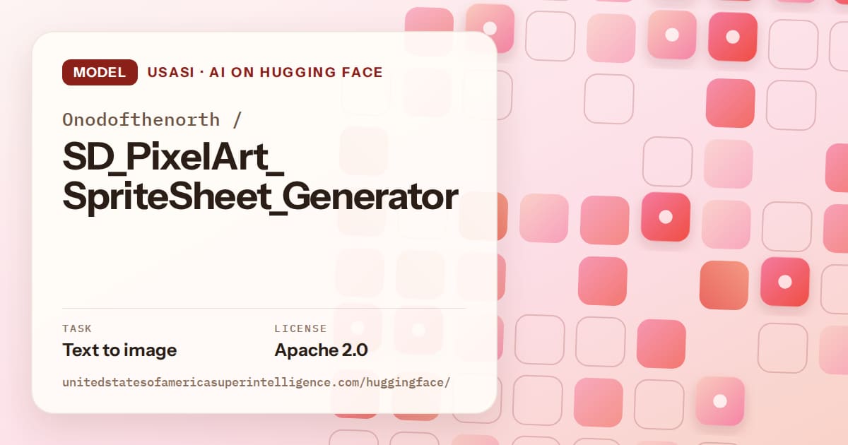 Generated coral rounded-tile grid artwork for the model Onodofthenorth/SD_PixelArt_SpriteSheet_Generator, labeled USASI · AI on Hugging Face, with Task: Text to image · License: Apache 2.0.
