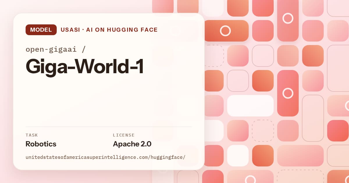 Generated coral tile-mosaic artwork for the model open-gigaai/Giga-World-1, labeled USASI · AI on Hugging Face, with Task: Robotics · License: Apache 2.0.