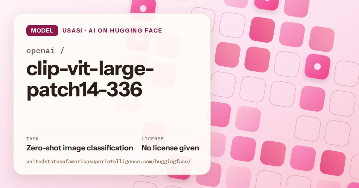 Generated rose rounded-tile grid artwork for the model openai/clip-vit-large-patch14-336, labeled USASI · AI on Hugging Face, with Task: Zero-shot image classification · License: No license given.