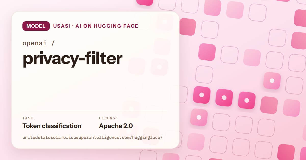 Generated rose rounded-tile grid artwork for the model openai/privacy-filter, labeled USASI · AI on Hugging Face, with Task: Token classification · License: Apache 2.0.
