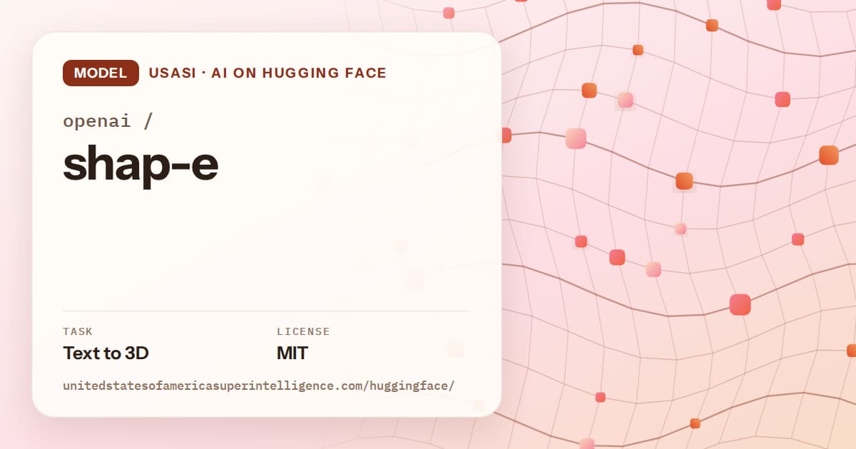 Generated tangerine wave-lattice artwork for the model openai/shap-e, labeled USASI · AI on Hugging Face, with Task: Text to 3D · License: MIT.