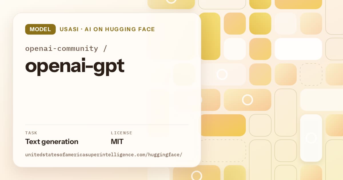 Generated gold tile-mosaic artwork for the model openai-community/openai-gpt, labeled USASI · AI on Hugging Face, with Task: Text generation · License: MIT.