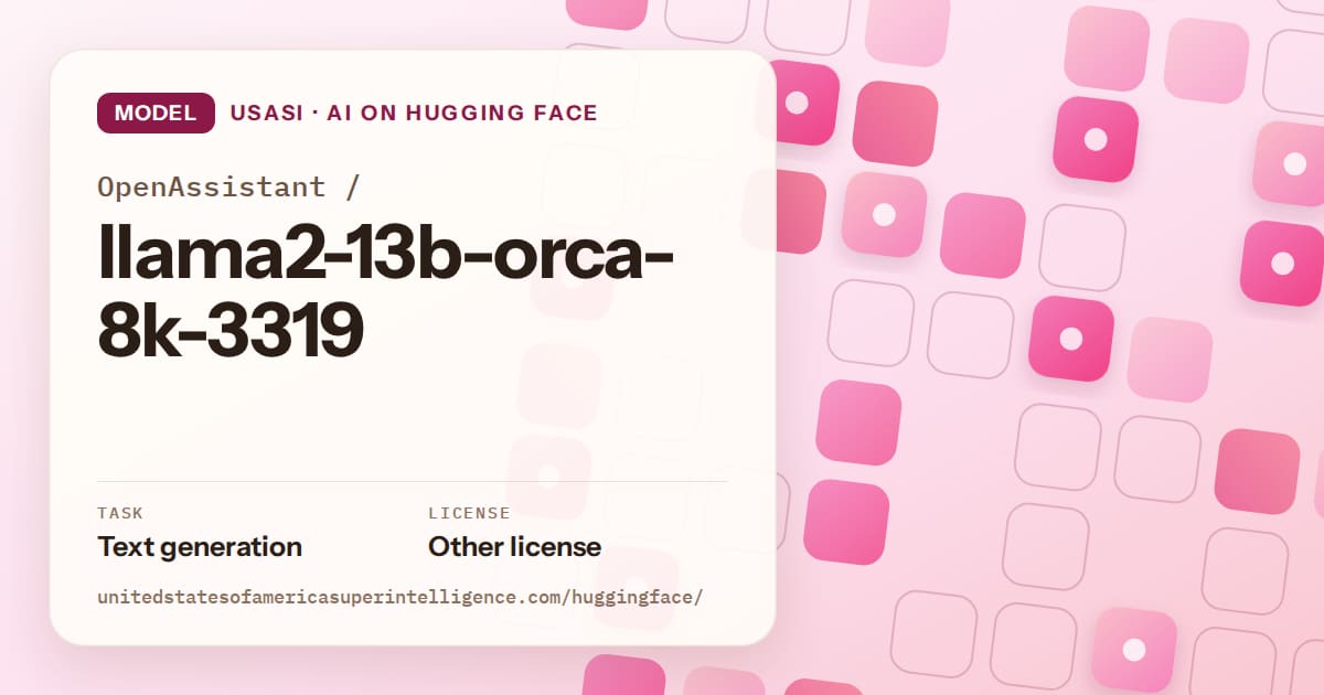 Generated rose rounded-tile grid artwork for the model OpenAssistant/llama2-13b-orca-8k-3319, labeled USASI · AI on Hugging Face, with Task: Text generation · License: Other license.