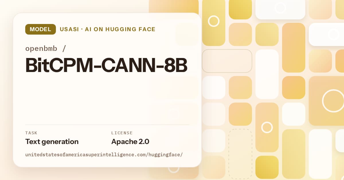 Generated gold tile-mosaic artwork for the model openbmb/BitCPM-CANN-8B, labeled USASI · AI on Hugging Face, with Task: Text generation · License: Apache 2.0.