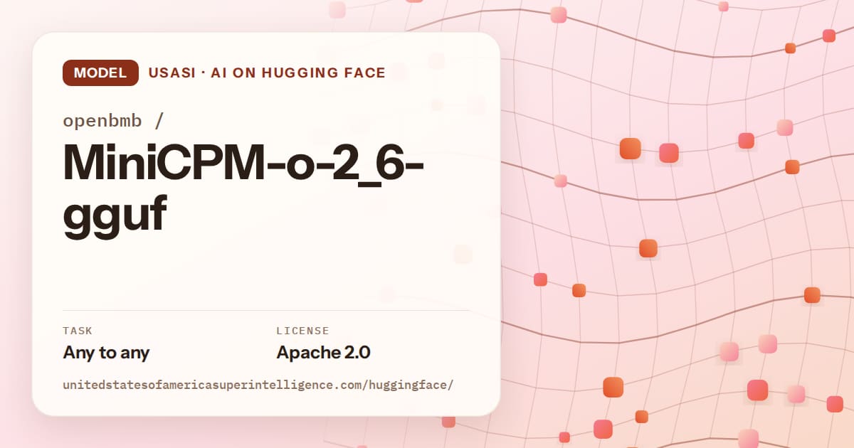 Generated tangerine wave-lattice artwork for the model openbmb/MiniCPM-o-2_6-gguf, labeled USASI · AI on Hugging Face, with Task: Any to any · License: Apache 2.0.