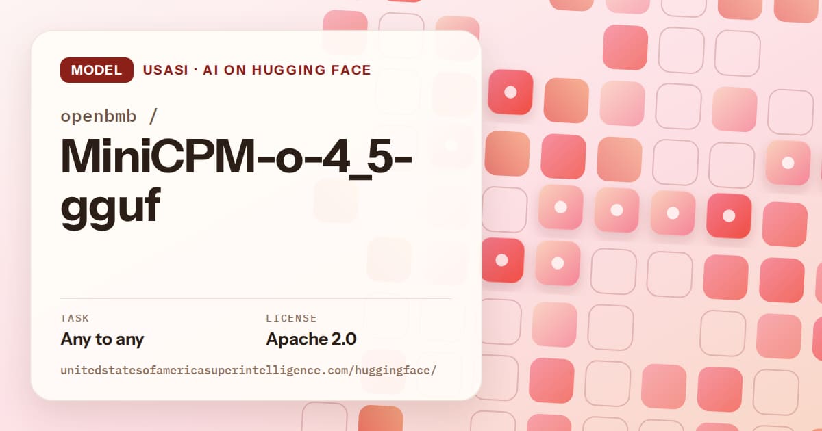 Generated coral rounded-tile grid artwork for the model openbmb/MiniCPM-o-4_5-gguf, labeled USASI · AI on Hugging Face, with Task: Any to any · License: Apache 2.0.