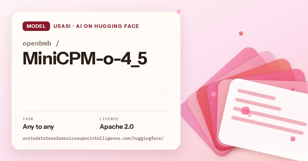 Generated coral layered-card artwork for the model openbmb/MiniCPM-o-4_5, labeled USASI · AI on Hugging Face, with Task: Any to any · License: Apache 2.0.