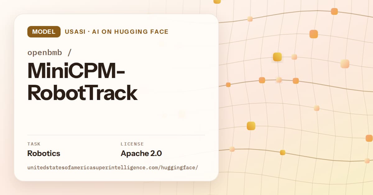 Generated amber wave-lattice artwork for the model openbmb/MiniCPM-RobotTrack, labeled USASI · AI on Hugging Face, with Task: Robotics · License: Apache 2.0.