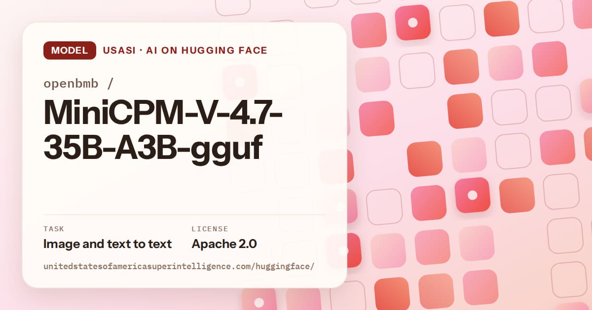 Generated coral rounded-tile grid artwork for the model openbmb/MiniCPM-V-4.7-35B-A3B-gguf, labeled USASI · AI on Hugging Face, with Task: Image and text to text · License: Apache 2.0.