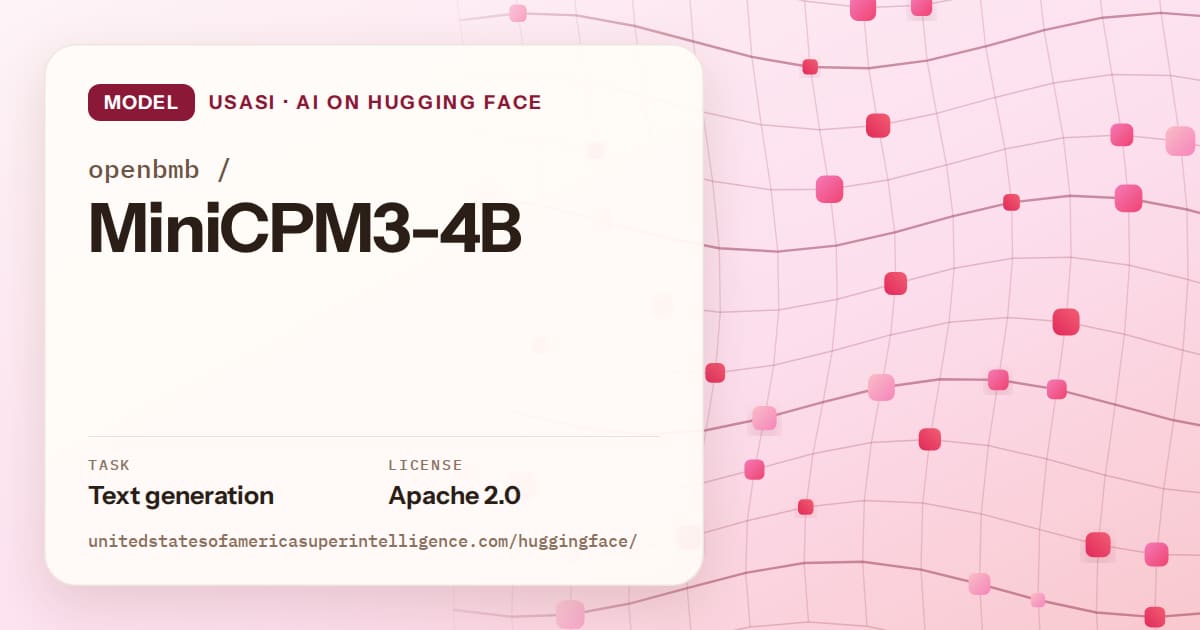 Generated rose wave-lattice artwork for the model openbmb/MiniCPM3-4B, labeled USASI · AI on Hugging Face, with Task: Text generation · License: Apache 2.0.