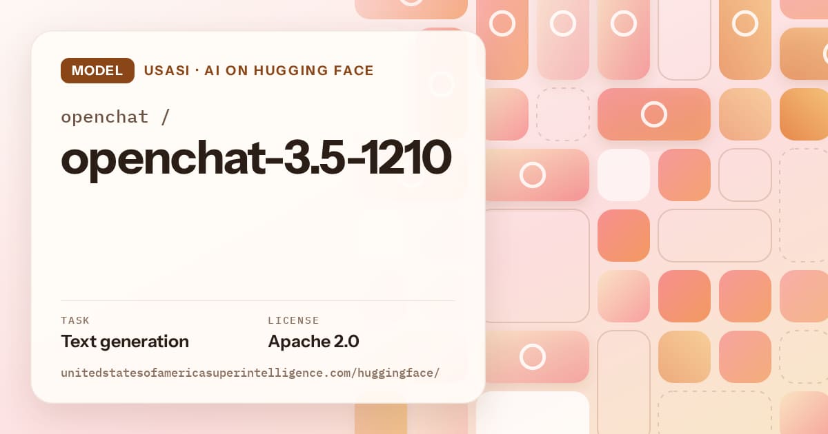 Generated orange tile-mosaic artwork for the model openchat/openchat-3.5-1210, labeled USASI · AI on Hugging Face, with Task: Text generation · License: Apache 2.0.