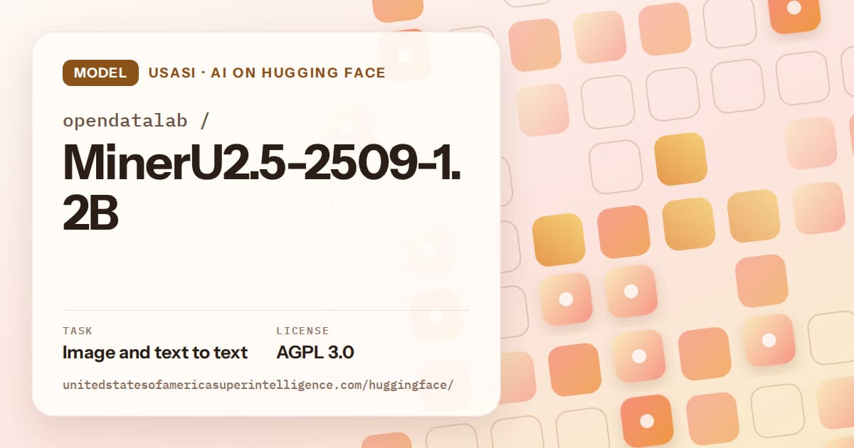 Generated orange rounded-tile grid artwork for the model opendatalab/MinerU2.5-2509-1.2B, labeled USASI · AI on Hugging Face, with Task: Image and text to text · License: AGPL 3.0.