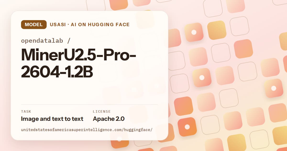 Generated orange rounded-tile grid artwork for the model opendatalab/MinerU2.5-Pro-2604-1.2B, labeled USASI · AI on Hugging Face, with Task: Image and text to text · License: Apache 2.0.