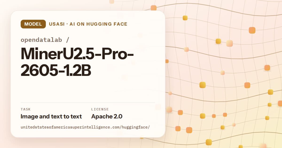 Generated amber wave-lattice artwork for the model opendatalab/MinerU2.5-Pro-2605-1.2B, labeled USASI · AI on Hugging Face, with Task: Image and text to text · License: Apache 2.0.