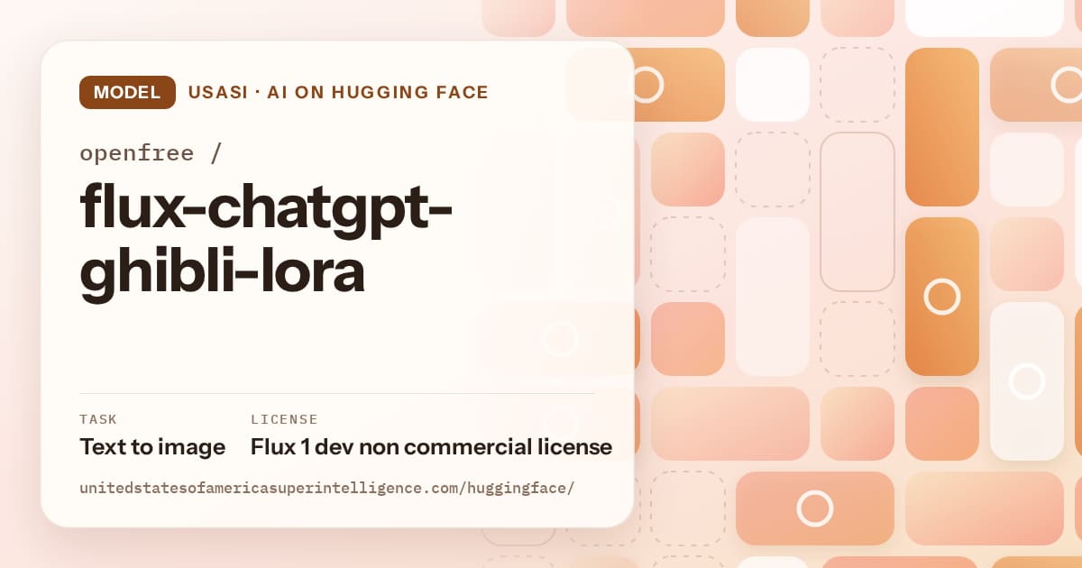 Generated orange tile-mosaic artwork for the model openfree/flux-chatgpt-ghibli-lora, labeled USASI · AI on Hugging Face, with Task: Text to image · License: Flux 1 dev non commercial license.
