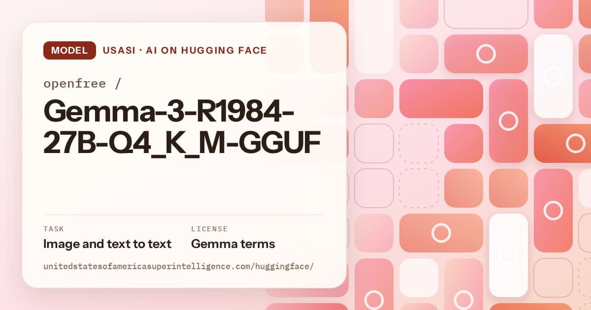 Generated coral tile-mosaic artwork for the model openfree/Gemma-3-R1984-27B-Q4_K_M-GGUF, labeled USASI · AI on Hugging Face, with Task: Image and text to text · License: Gemma terms.