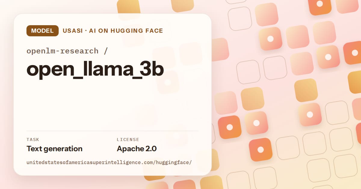 Generated orange rounded-tile grid artwork for the model openlm-research/open_llama_3b, labeled USASI · AI on Hugging Face, with Task: Text generation · License: Apache 2.0.