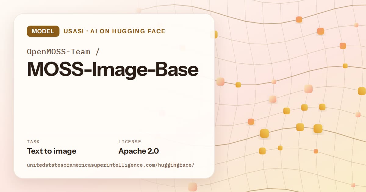 Generated amber wave-lattice artwork for the model OpenMOSS-Team/MOSS-Image-Base, labeled USASI · AI on Hugging Face, with Task: Text to image · License: Apache 2.0.