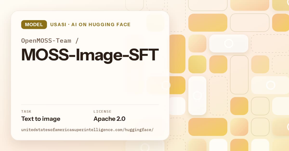 Generated gold tile-mosaic artwork for the model OpenMOSS-Team/MOSS-Image-SFT, labeled USASI · AI on Hugging Face, with Task: Text to image · License: Apache 2.0.