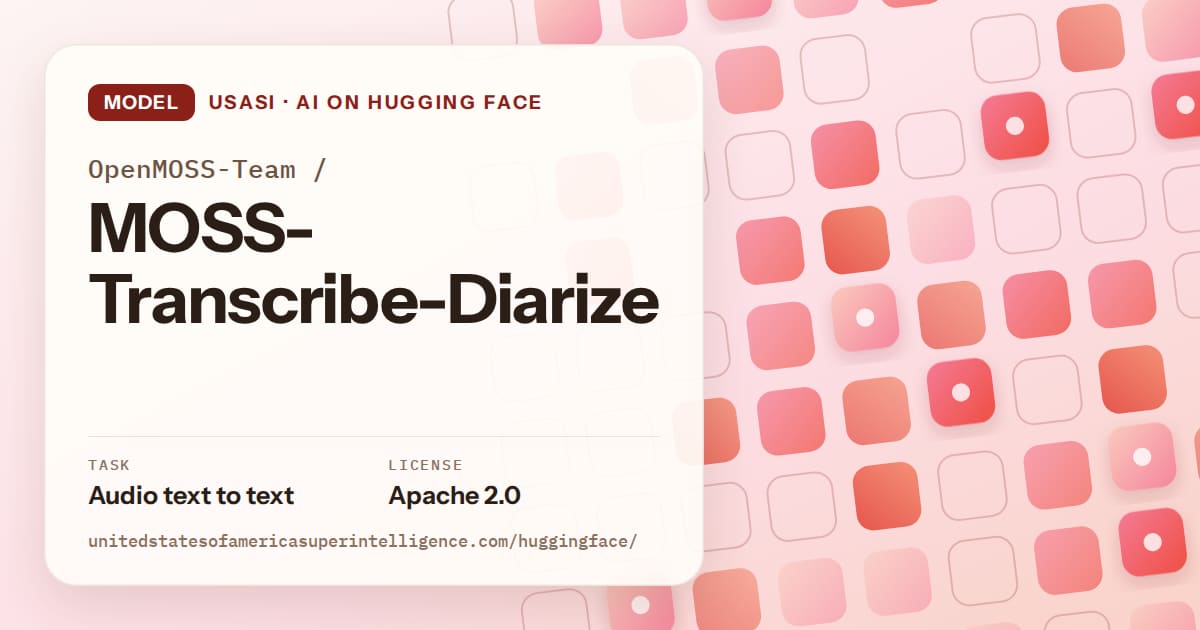 Generated coral rounded-tile grid artwork for the model OpenMOSS-Team/MOSS-Transcribe-Diarize, labeled USASI · AI on Hugging Face, with Task: Audio text to text · License: Apache 2.0.