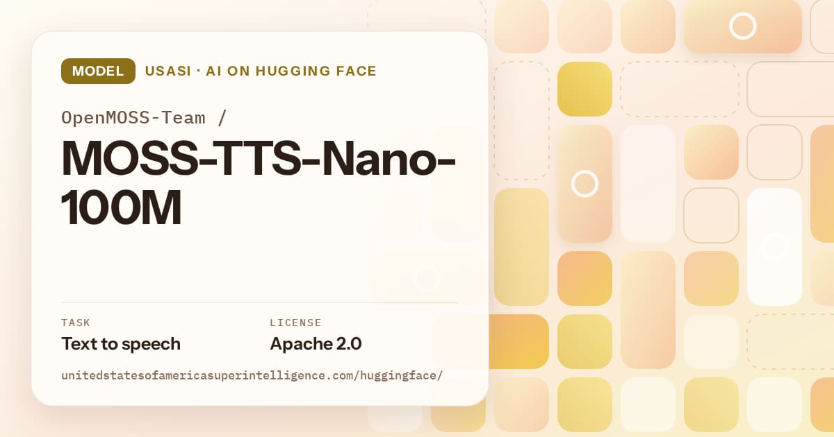 Generated gold tile-mosaic artwork for the model OpenMOSS-Team/MOSS-TTS-Nano-100M, labeled USASI · AI on Hugging Face, with Task: Text to speech · License: Apache 2.0.