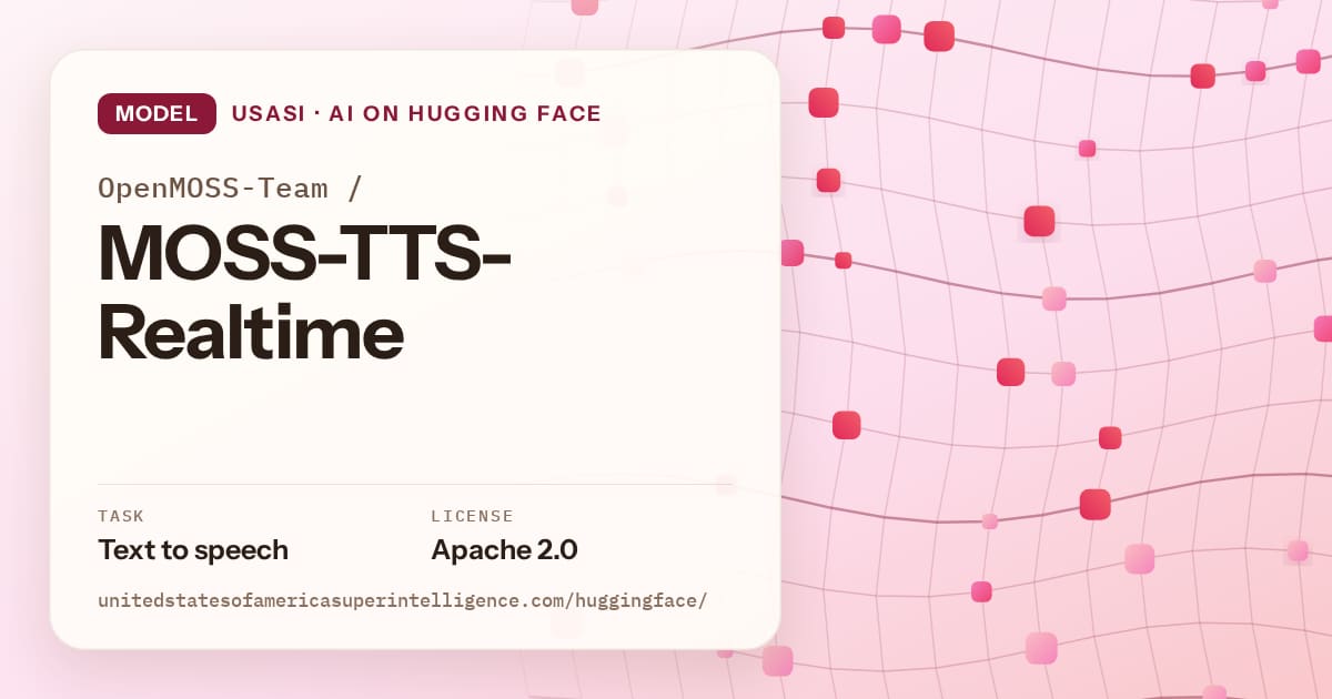 Generated rose wave-lattice artwork for the model OpenMOSS-Team/MOSS-TTS-Realtime, labeled USASI · AI on Hugging Face, with Task: Text to speech · License: Apache 2.0.