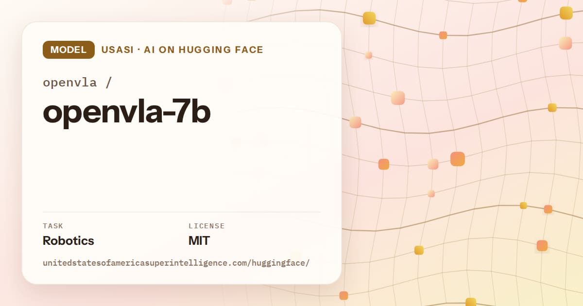 Generated amber wave-lattice artwork for the model openvla/openvla-7b, labeled USASI · AI on Hugging Face, with Task: Robotics · License: MIT.