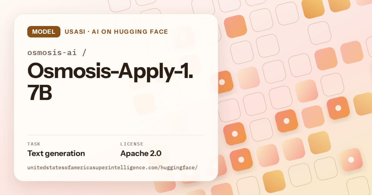 Generated orange rounded-tile grid artwork for the model osmosis-ai/Osmosis-Apply-1.7B, labeled USASI · AI on Hugging Face, with Task: Text generation · License: Apache 2.0.