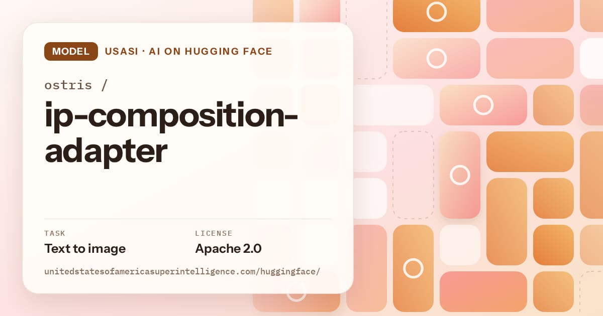 Generated orange tile-mosaic artwork for the model ostris/ip-composition-adapter, labeled USASI · AI on Hugging Face, with Task: Text to image · License: Apache 2.0.