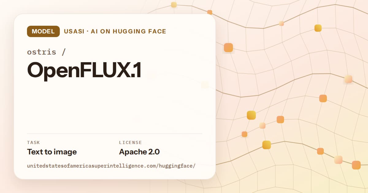 Generated amber wave-lattice artwork for the model ostris/OpenFLUX.1, labeled USASI · AI on Hugging Face, with Task: Text to image · License: Apache 2.0.