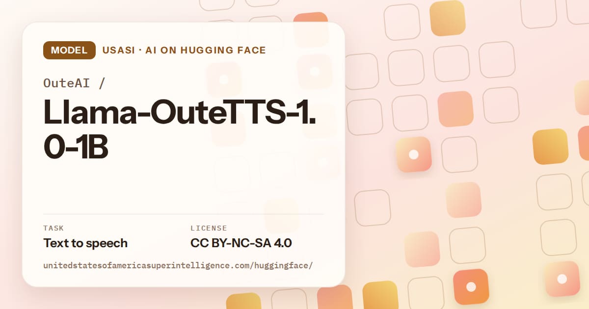 Generated orange rounded-tile grid artwork for the model OuteAI/Llama-OuteTTS-1.0-1B, labeled USASI · AI on Hugging Face, with Task: Text to speech · License: CC BY-NC-SA 4.0.