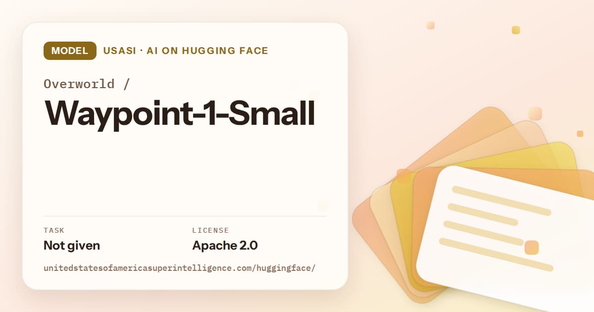 Generated amber layered-card artwork for the model Overworld/Waypoint-1-Small, labeled USASI · AI on Hugging Face, with Task: Not given · License: Apache 2.0.