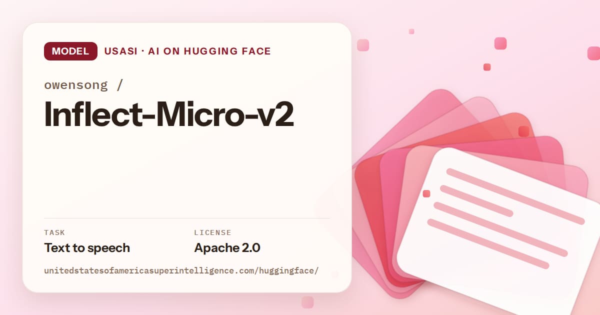 Generated coral layered-card artwork for the model owensong/Inflect-Micro-v2, labeled USASI · AI on Hugging Face, with Task: Text to speech · License: Apache 2.0.