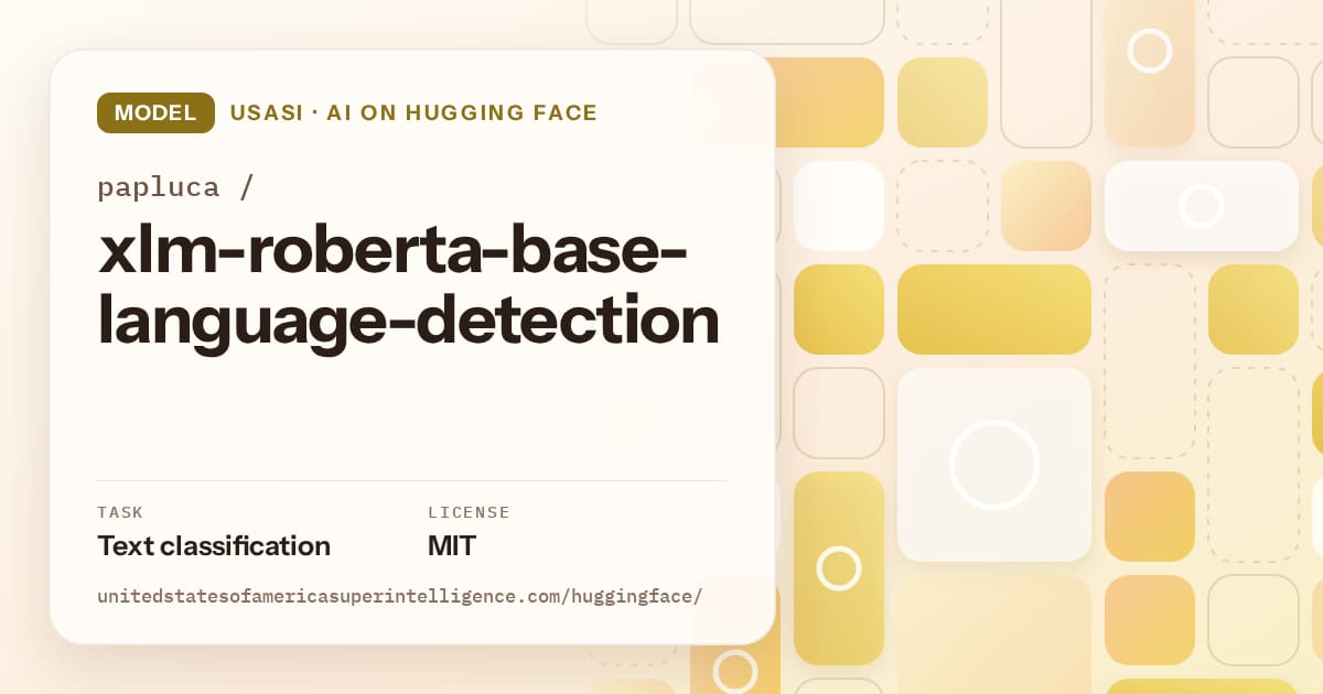 Generated gold tile-mosaic artwork for the model papluca/xlm-roberta-base-language-detection, labeled USASI · AI on Hugging Face, with Task: Text classification · License: MIT.