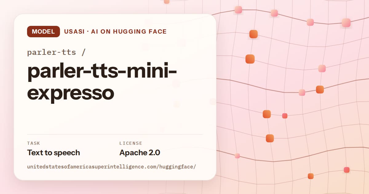 Generated tangerine wave-lattice artwork for the model parler-tts/parler-tts-mini-expresso, labeled USASI · AI on Hugging Face, with Task: Text to speech · License: Apache 2.0.