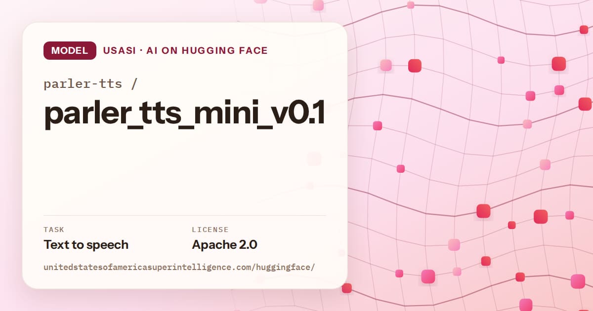 Generated rose wave-lattice artwork for the model parler-tts/parler_tts_mini_v0.1, labeled USASI · AI on Hugging Face, with Task: Text to speech · License: Apache 2.0.