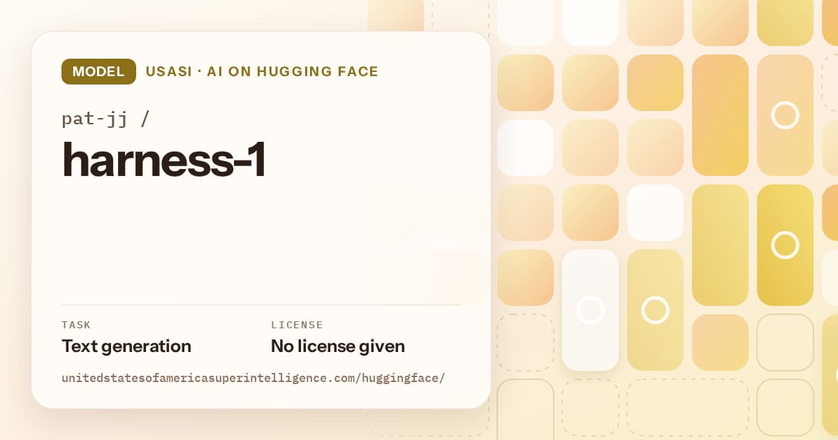 Generated gold tile-mosaic artwork for the model pat-jj/harness-1, labeled USASI · AI on Hugging Face, with Task: Text generation · License: No license given.