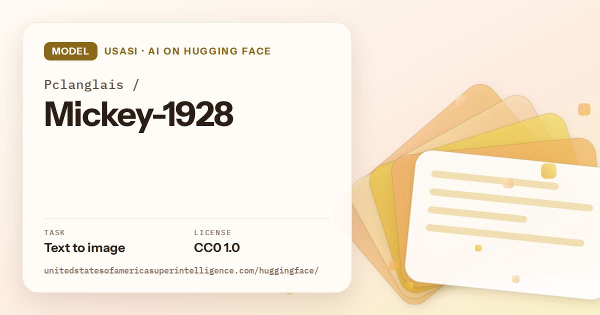Generated amber layered-card artwork for the model Pclanglais/Mickey-1928, labeled USASI · AI on Hugging Face, with Task: Text to image · License: CC0 1.0.