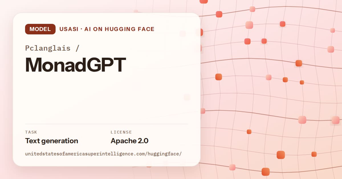 Generated tangerine wave-lattice artwork for the model Pclanglais/MonadGPT, labeled USASI · AI on Hugging Face, with Task: Text generation · License: Apache 2.0.