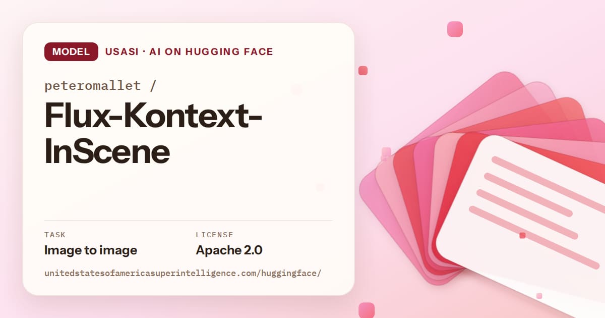 Generated coral layered-card artwork for the model peteromallet/Flux-Kontext-InScene, labeled USASI · AI on Hugging Face, with Task: Image to image · License: Apache 2.0.