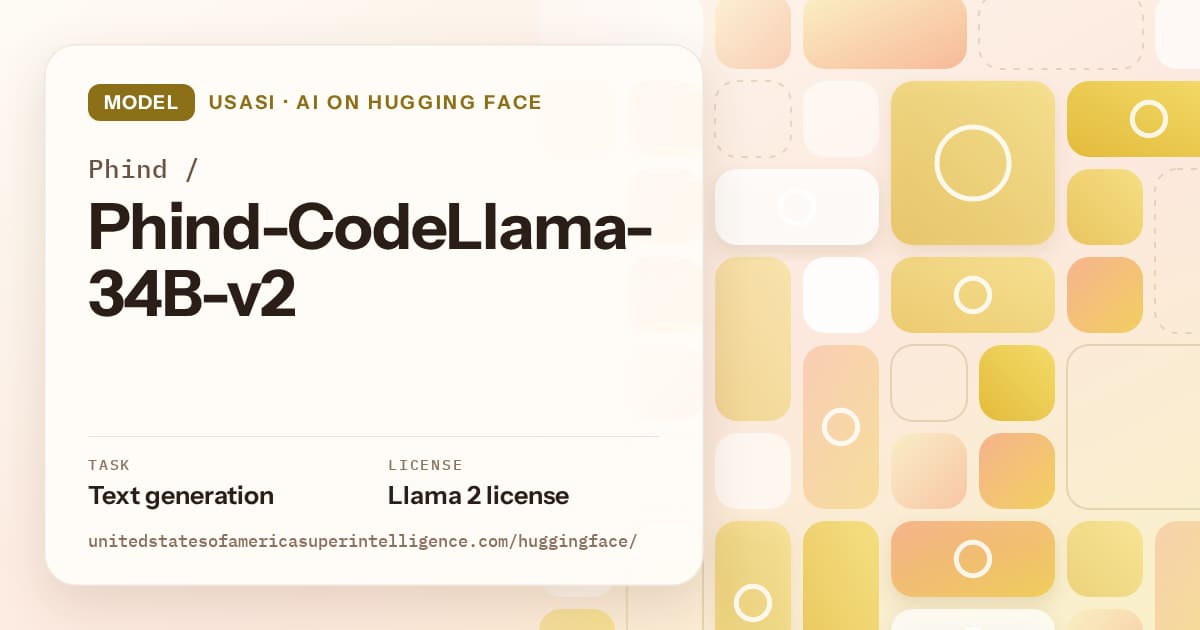 Generated gold tile-mosaic artwork for the model Phind/Phind-CodeLlama-34B-v2, labeled USASI · AI on Hugging Face, with Task: Text generation · License: Llama 2 license.
