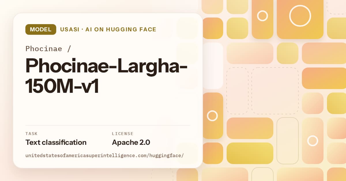 Generated gold tile-mosaic artwork for the model Phocinae/Phocinae-Largha-150M-v1, labeled USASI · AI on Hugging Face, with Task: Text classification · License: Apache 2.0.